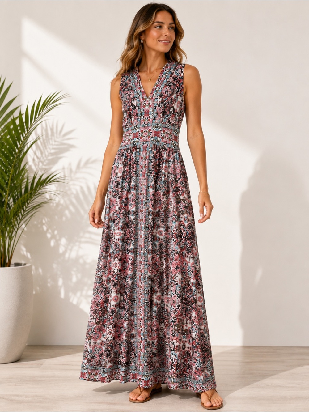 Wisp Pink Boho Floral Maxi Dress Sleeveless V-Neck Empire Waist Size 4